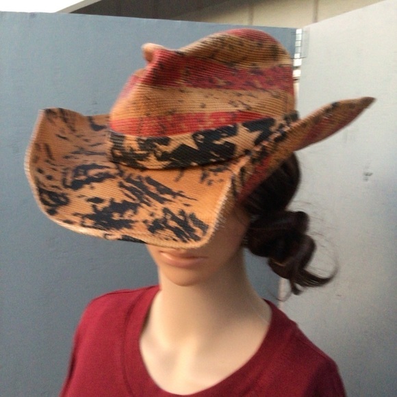 Vintage Tea Stain USA 4th Of July American Flag Shape It Brim Cowboy Western Hat - Picture 7 of 9